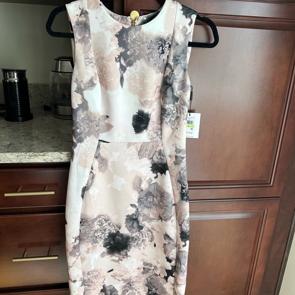Calvin Klein Collection Black and Cream Floral Midi Dress